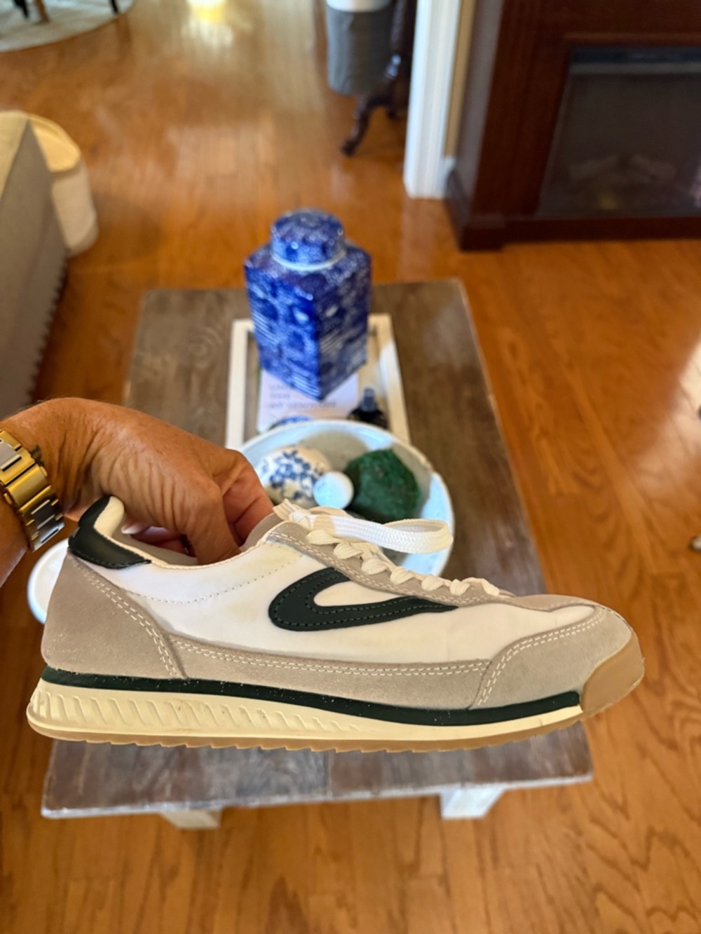 Women’s White and Gray Retro Runner Sneakers with Green Accent